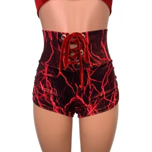 Lace-Up Ruched High Waist Booty Shorts - Red Lightning Metallic