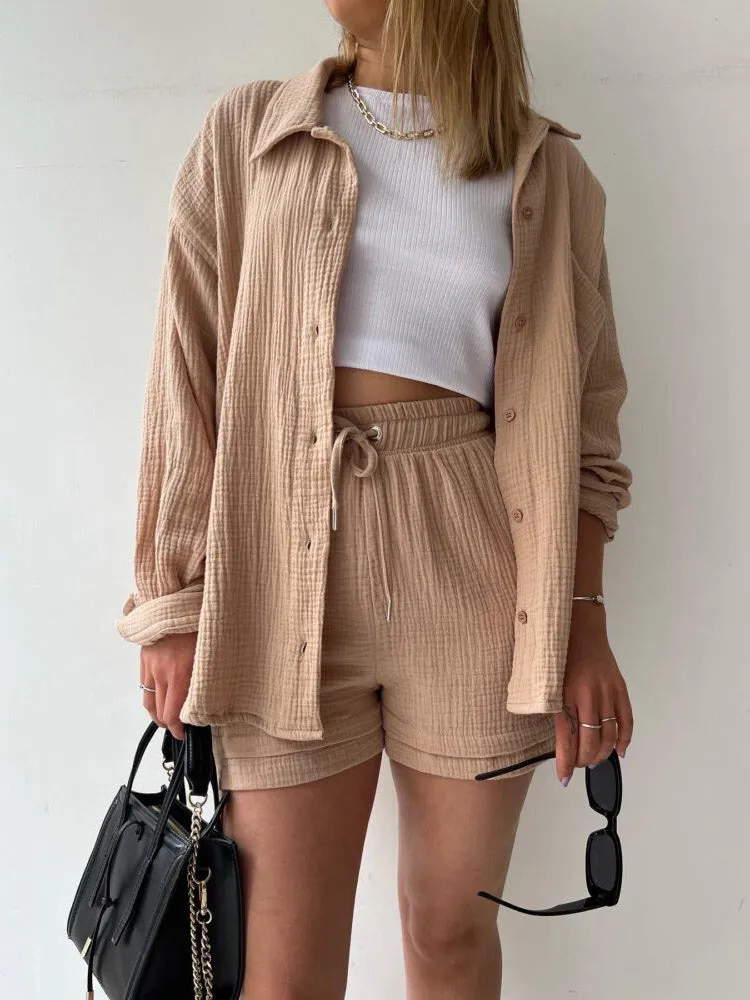 Lapel Shirt Drawstring Shorts Set