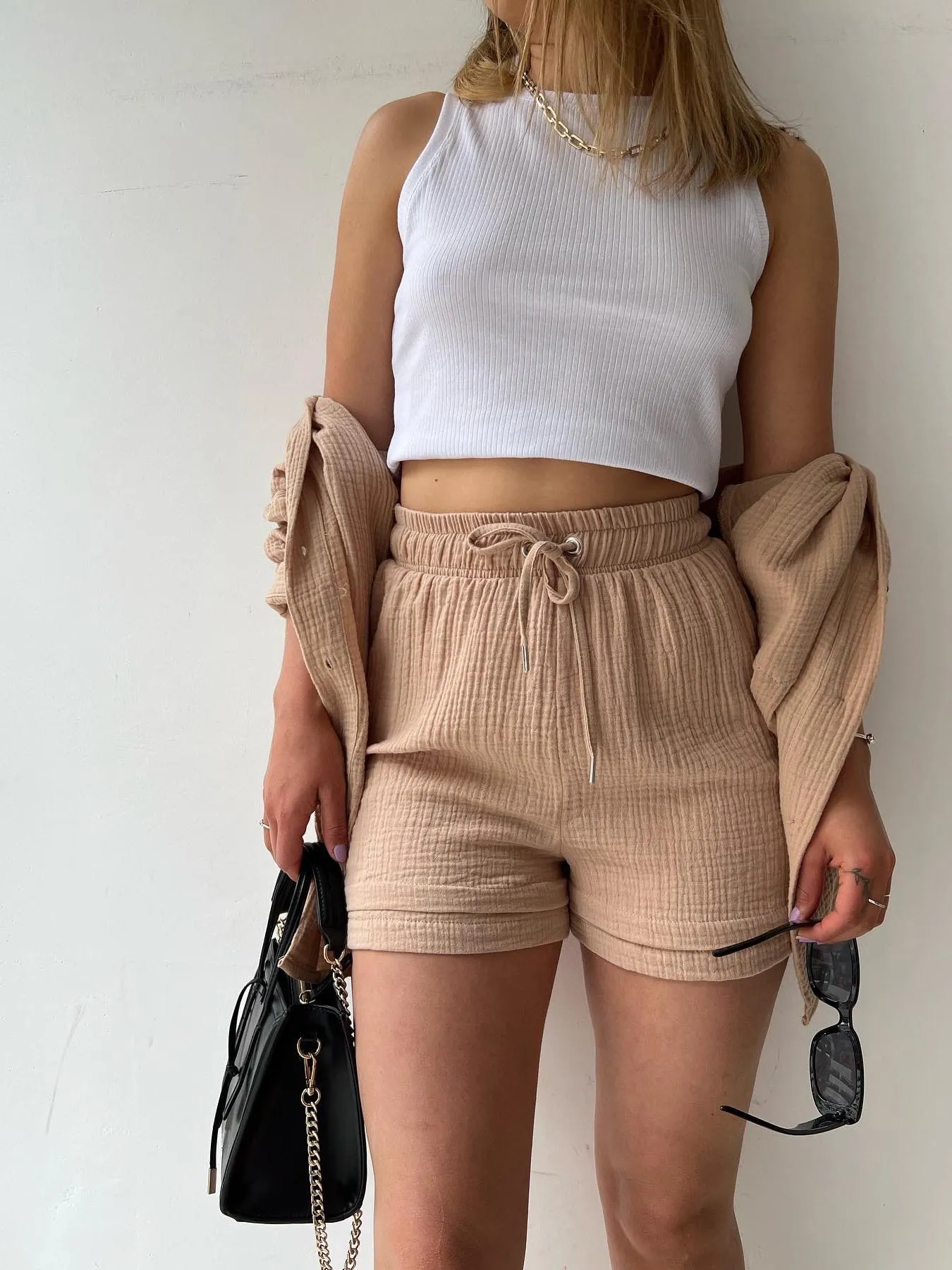 Lapel Shirt Drawstring Shorts Set