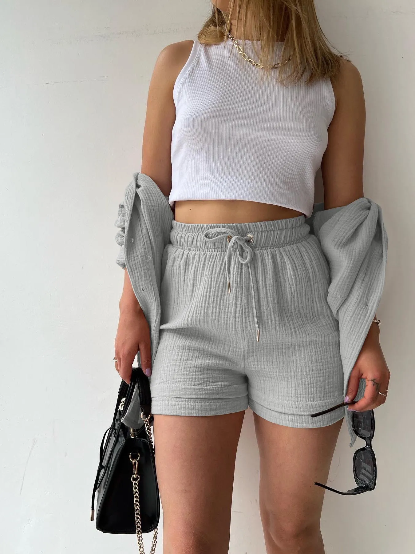 Lapel Shirt Drawstring Shorts Set