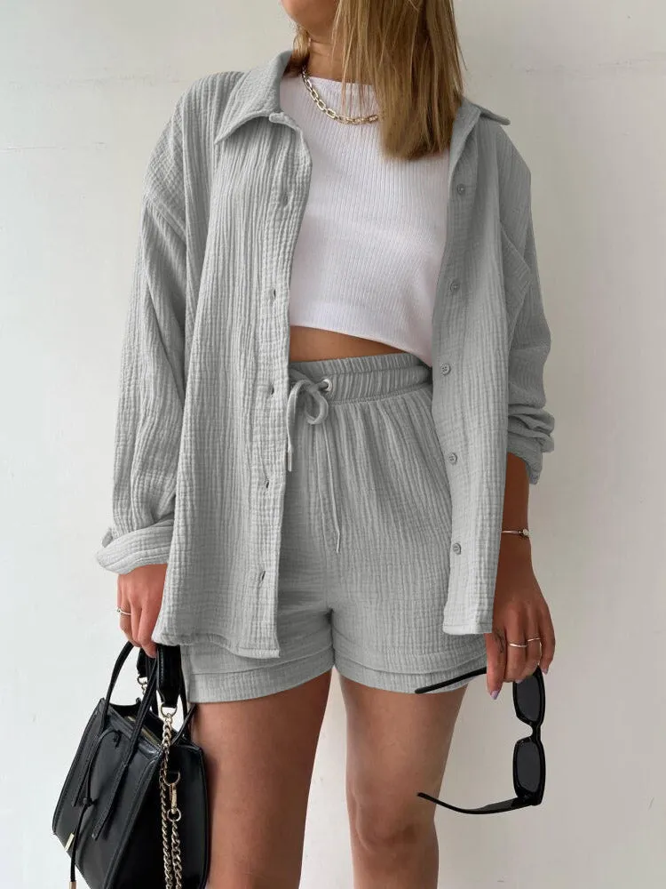 Lapel Shirt Drawstring Shorts Set