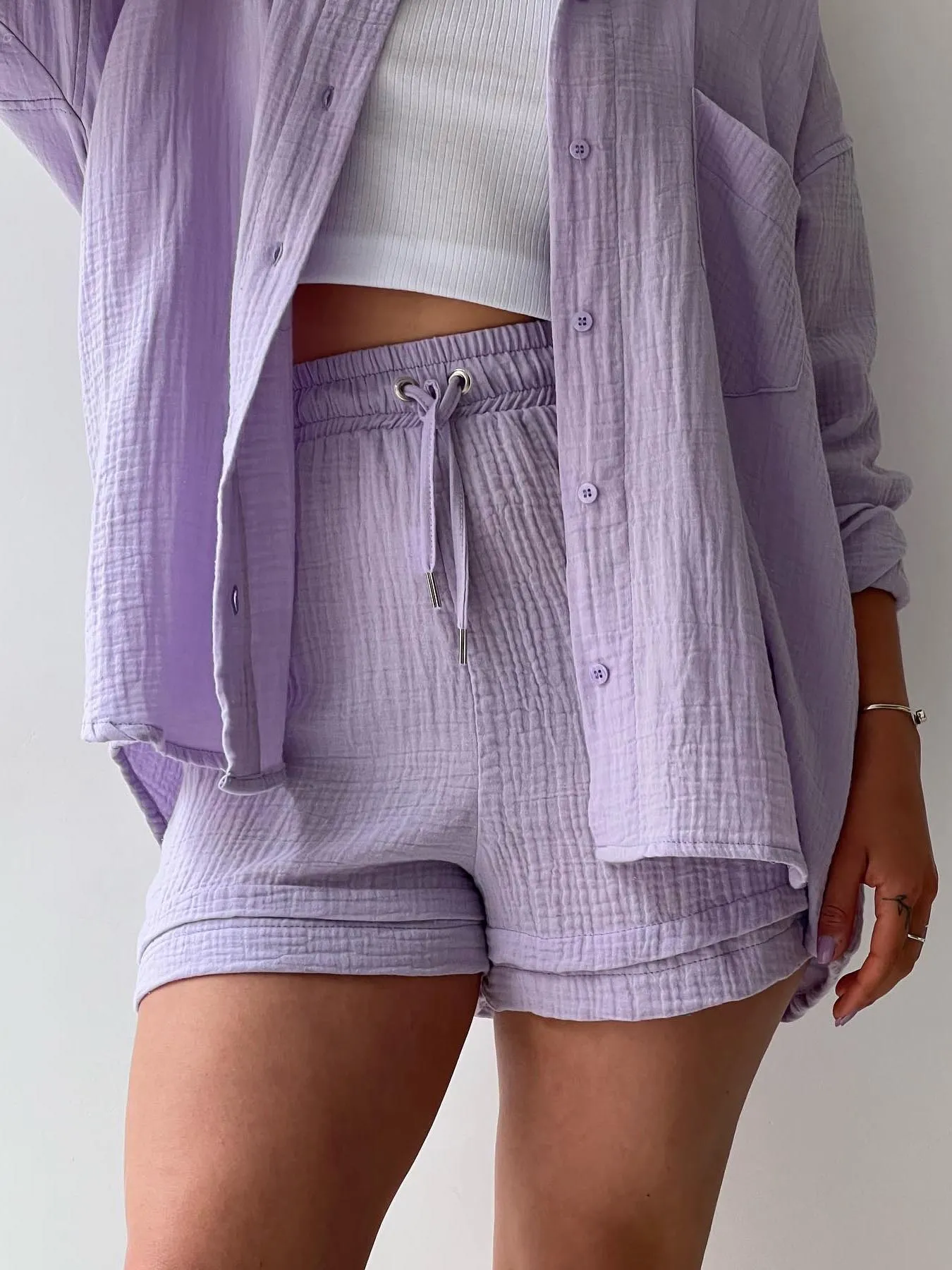 Lapel Shirt Drawstring Shorts Set