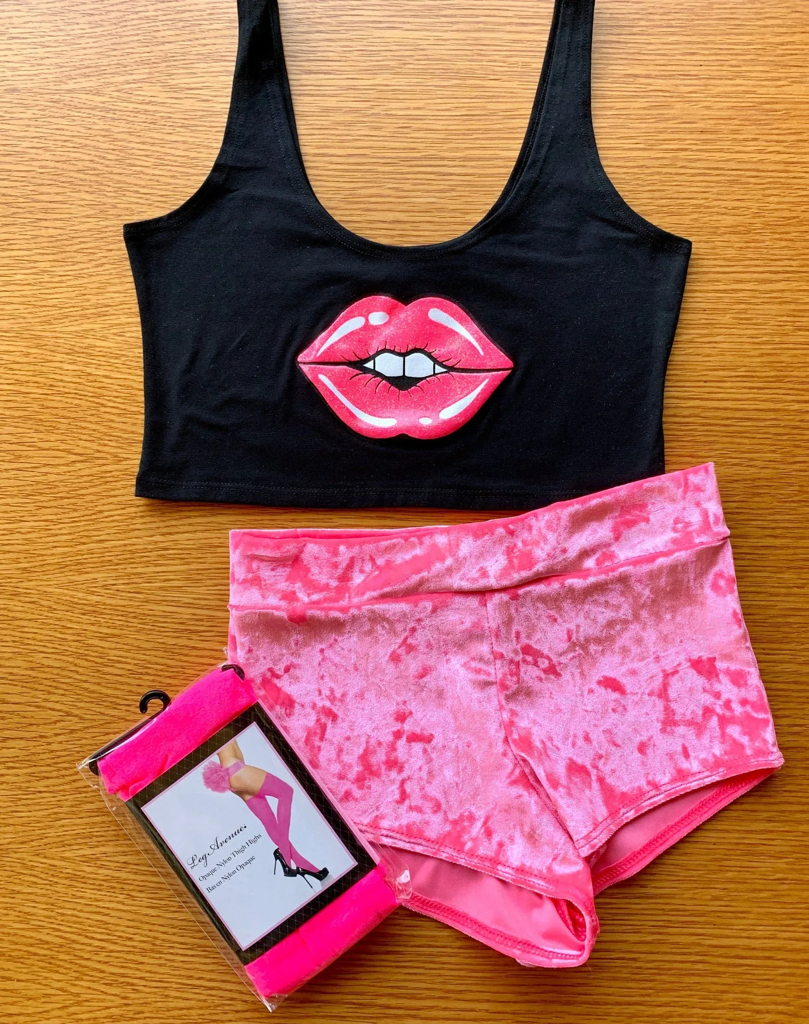 Lips Crop Tank in Black with Neon Pink Lips