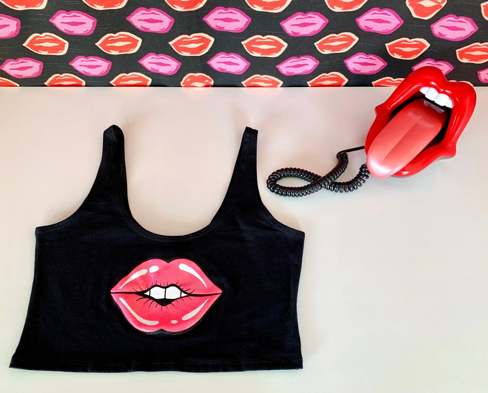 Lips Crop Tank in Black with Neon Pink Lips