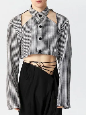 Mens Cutout Plaid Long Sleeve Crop Top SKUK43054