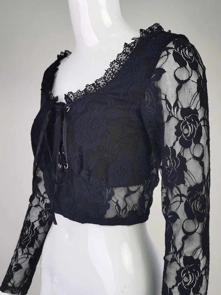 'Murder Scene' Black Gothic Lace Crop Top