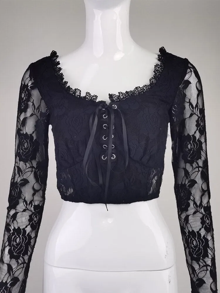 'Murder Scene' Black Gothic Lace Crop Top