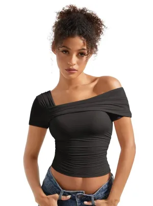 Off Shoulder Ruched Shirt - Short Sleeve