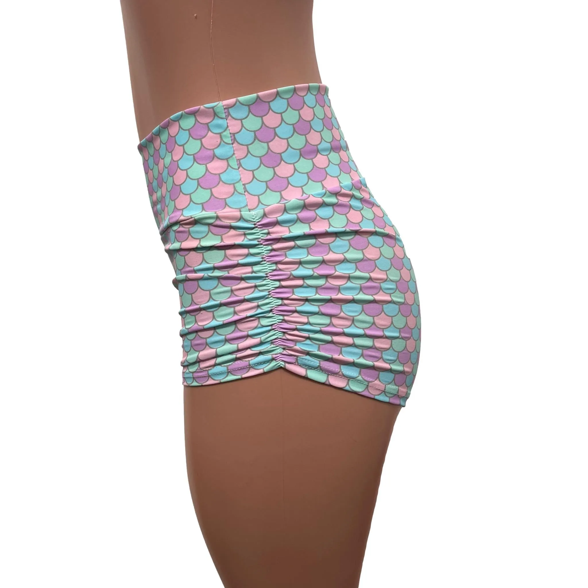 Pastel Mermaid Ruched Booty Shorts - Choose Low-Rise, Mid-Rise, Or High-Waist