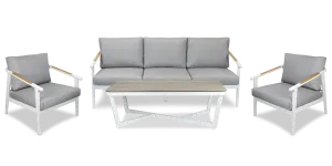 Porto 3 Seater with 2 x Armchair & Coffee Table in Arctic White with Teak Polywood Accent, HPL Table Top and Spuncrylic Stone Grey Cushions