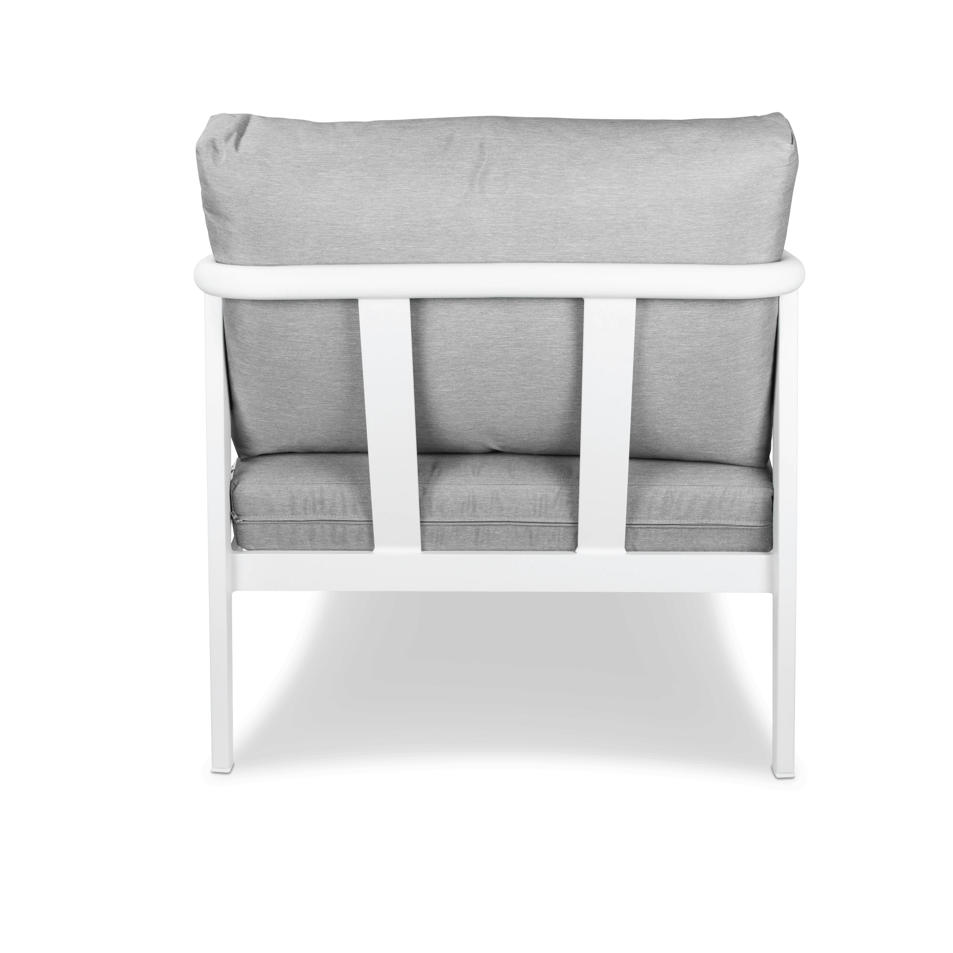 Porto Outdoor Armchair in Arctic White Aluminium Frame with Teak Polywood Accent and Spuncrylic Stone Grey Cushions