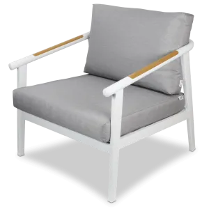 Porto Outdoor Armchair in Arctic White Aluminium Frame with Teak Polywood Accent and Spuncrylic Stone Grey Cushions