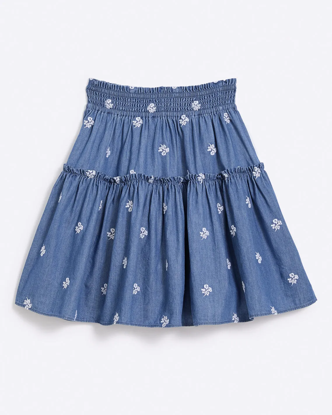 Pull on Skirt in Embroidered Chambray