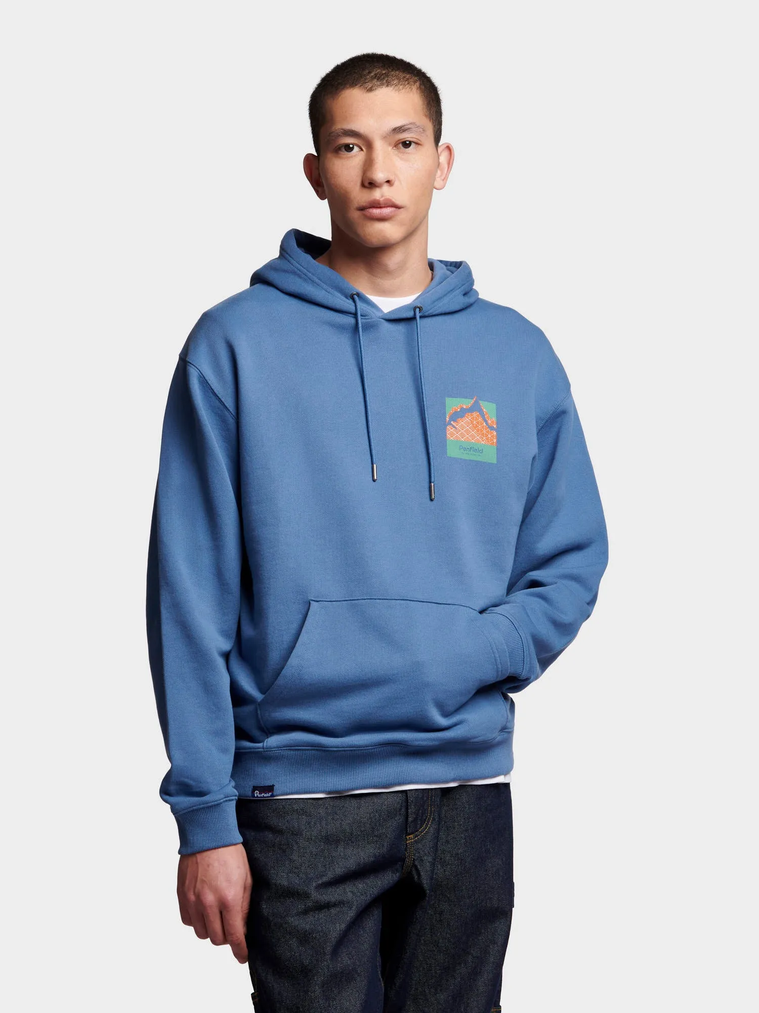 Relaxed Fit Mountain Back Print Hoodie in Blue Horizon