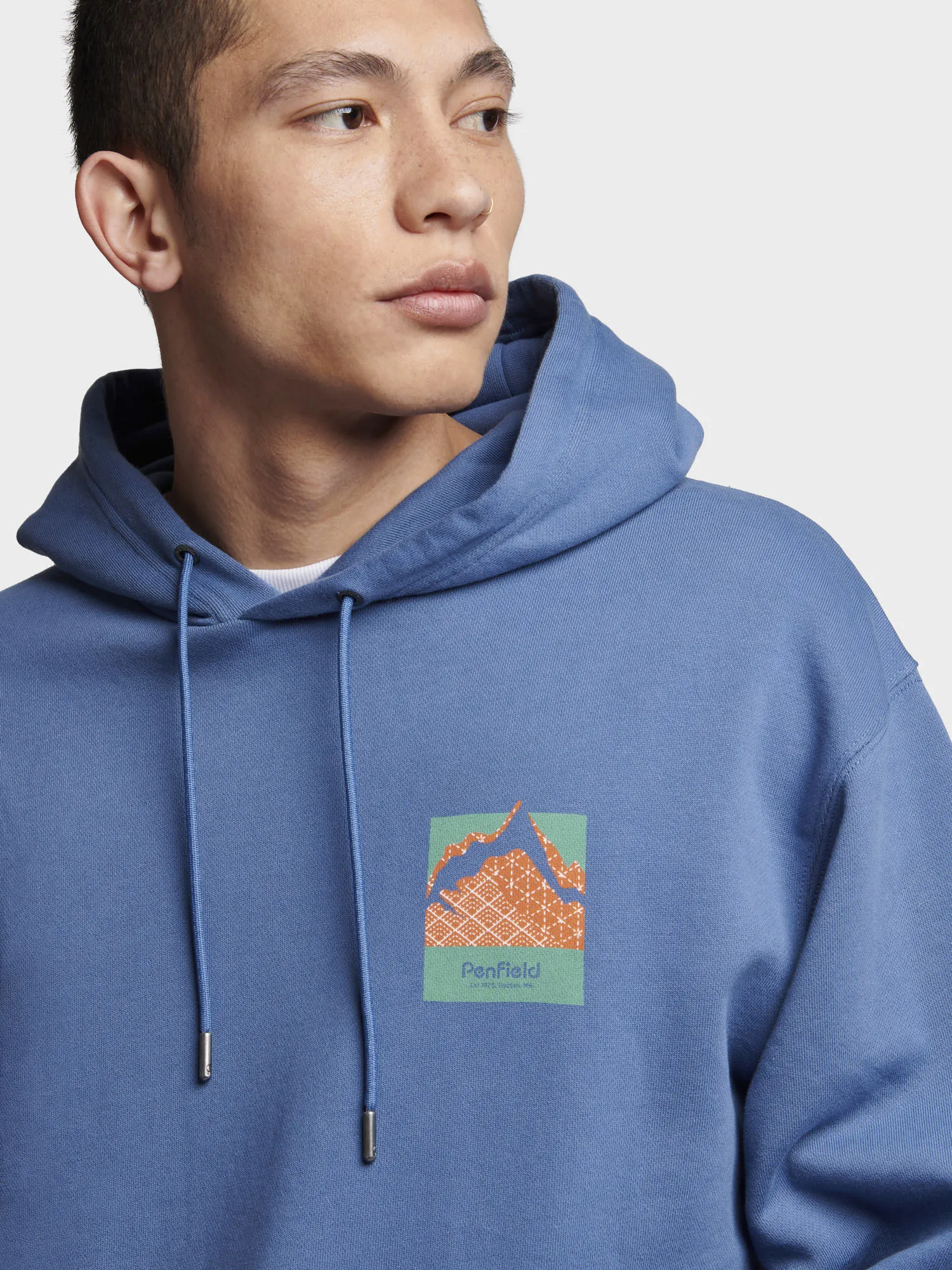 Relaxed Fit Mountain Back Print Hoodie in Blue Horizon