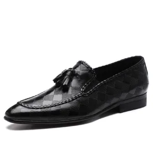 Retro British Style Rhomboids Oxford for Men Formal Shoes Low Top Slip On Style Tassels Pointed Toe Block Heel Genuine Leather