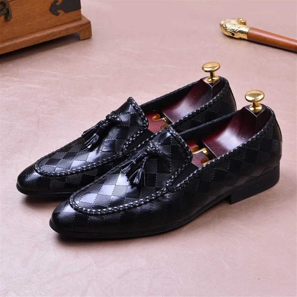 Retro British Style Rhomboids Oxford for Men Formal Shoes Low Top Slip On Style Tassels Pointed Toe Block Heel Genuine Leather