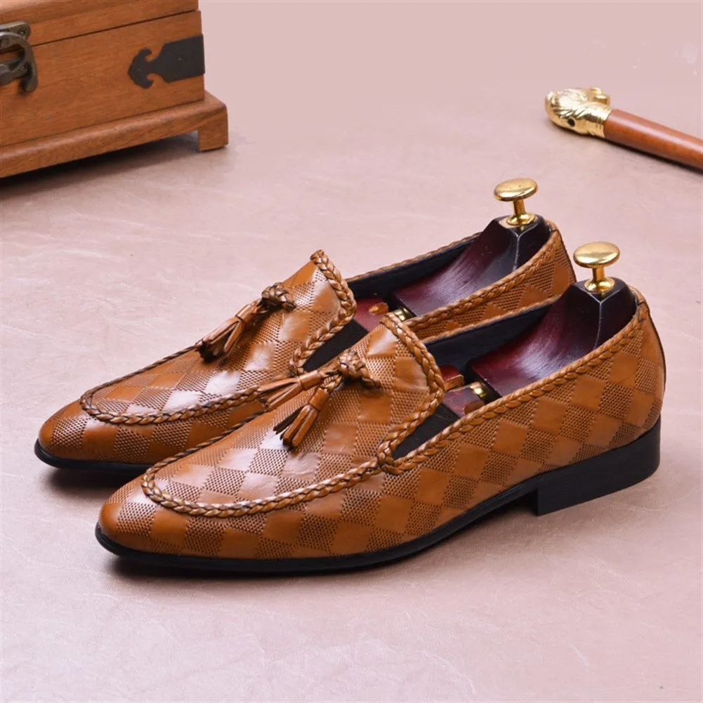 Retro British Style Rhomboids Oxford for Men Formal Shoes Low Top Slip On Style Tassels Pointed Toe Block Heel Genuine Leather