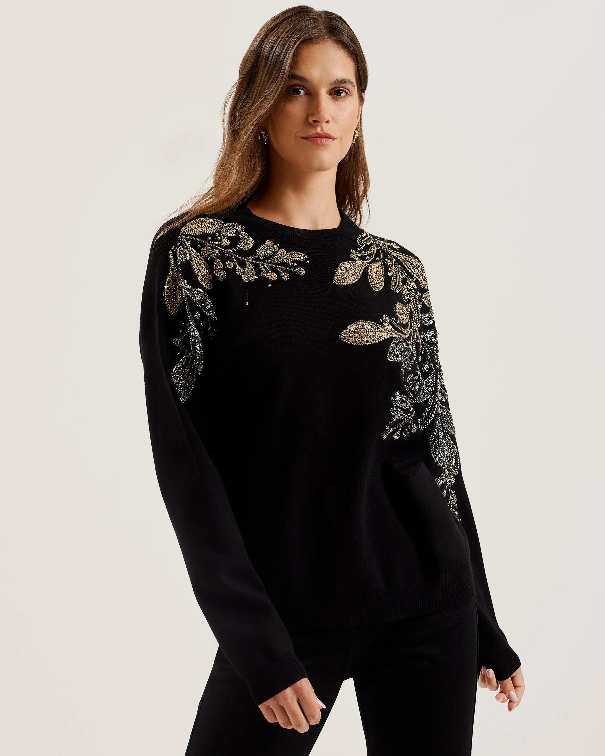 Rosmrry Embellished Crew Neck Long Sleeve Sweatshirt Black