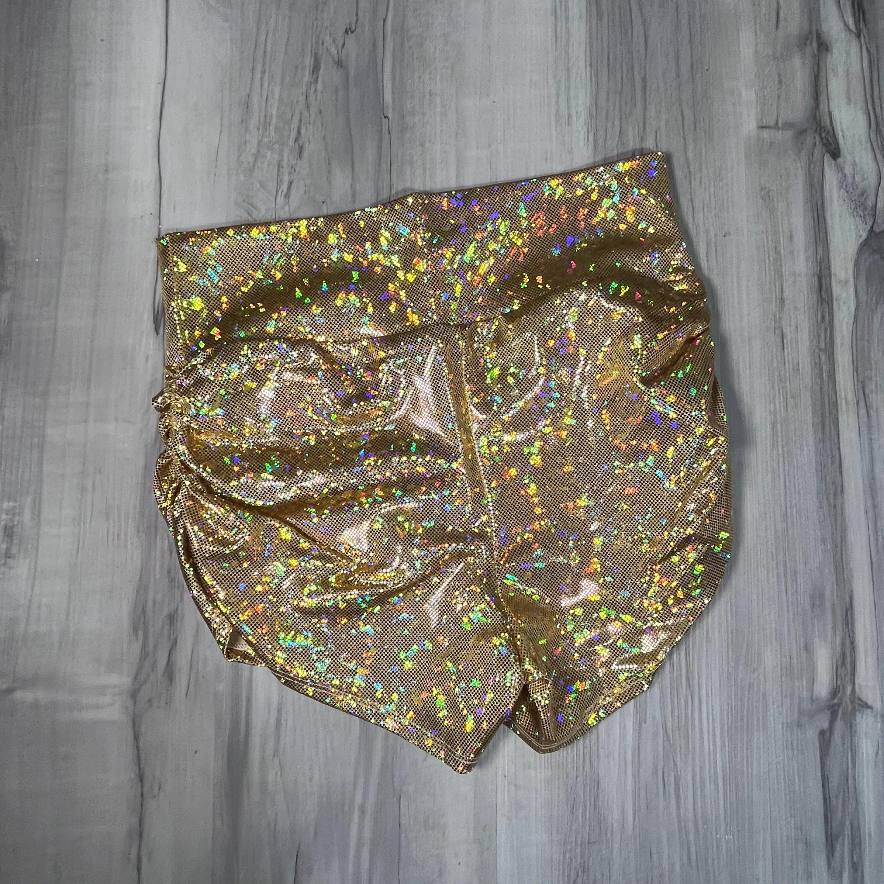 SALE - LARGE - High Waisted Ruched Booty Shorts - Gold Shattered Glass