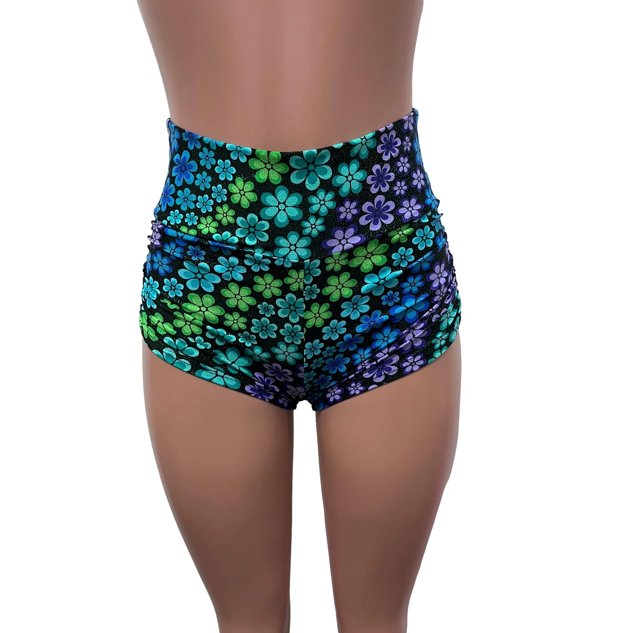 SALE - Ready to Ship - High Waist Ruched Booty Shorts in Groovy Flower