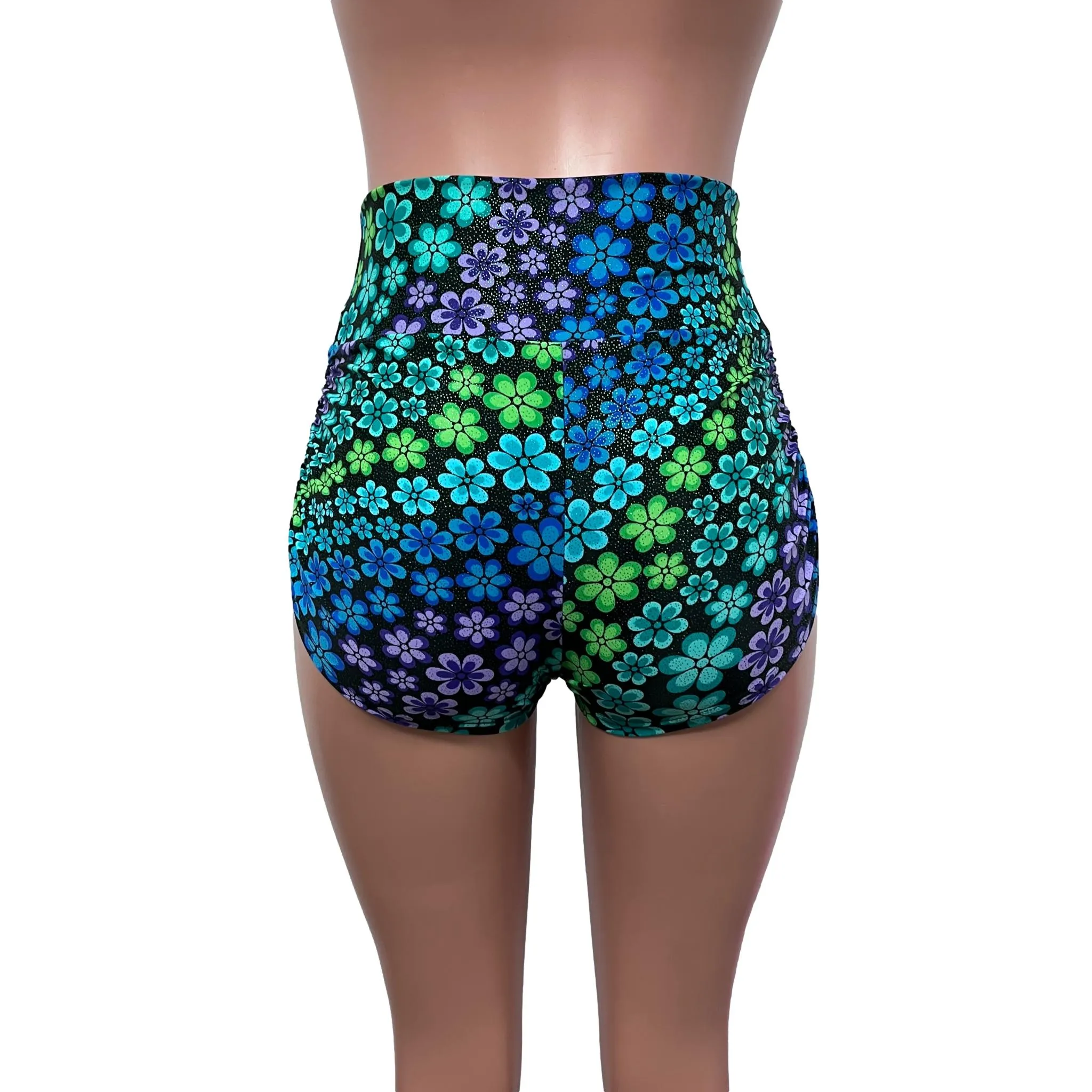 SALE - Ready to Ship - High Waist Ruched Booty Shorts in Groovy Flower