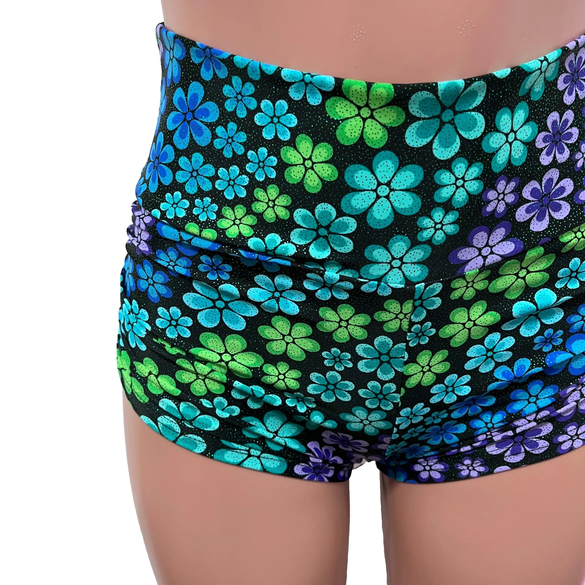 SALE - Ready to Ship - High Waist Ruched Booty Shorts in Groovy Flower