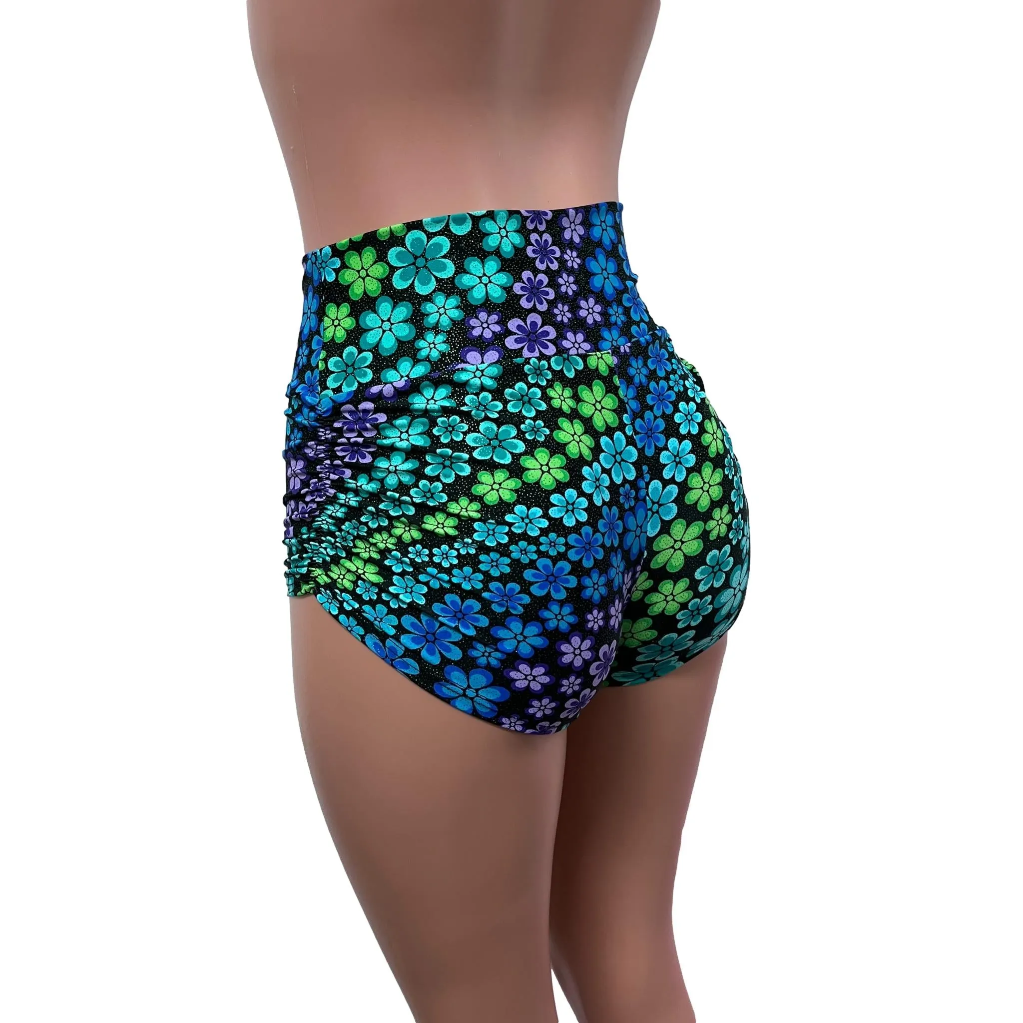 SALE - Ready to Ship - High Waist Ruched Booty Shorts in Groovy Flower