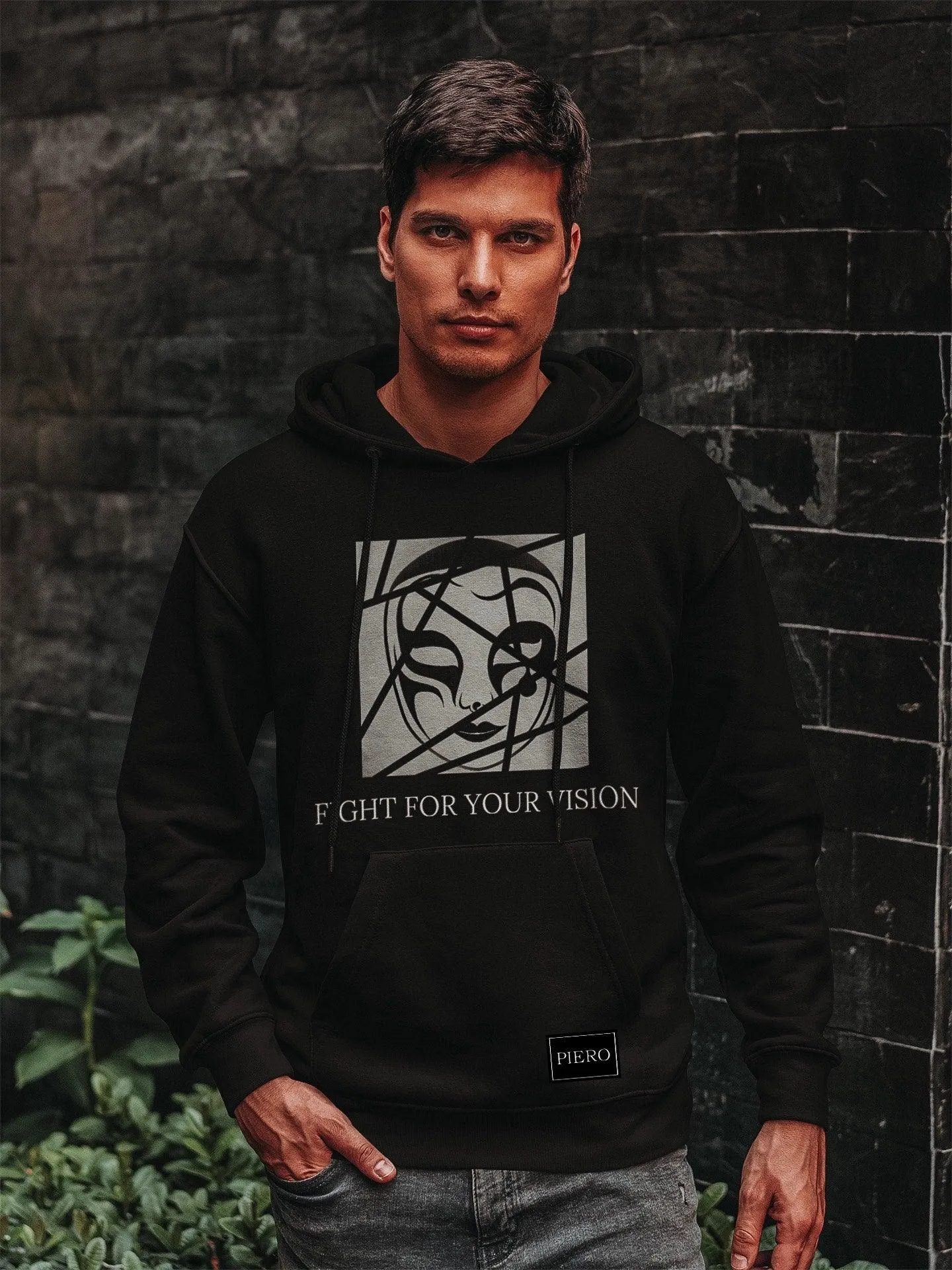 Slim Fit Black Hoodie Reflective Fight For Your Vision Square Logo Heavy Organic Cotton