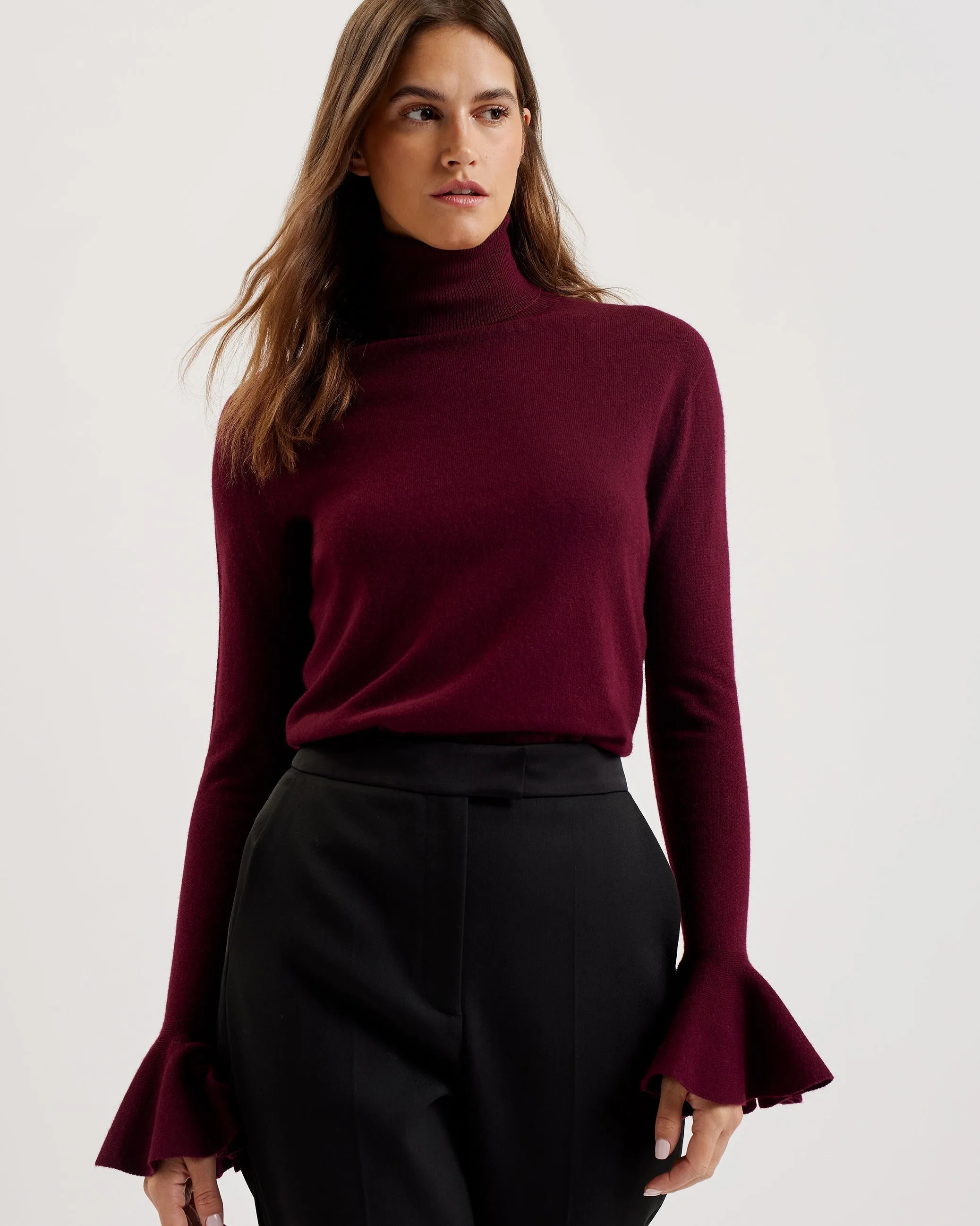 Tamsenn Roll Neck Fluted Sleeve Sweater Dk-Red