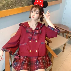 Vintage Double-breasted Sailor Collar Red Plaid Tops