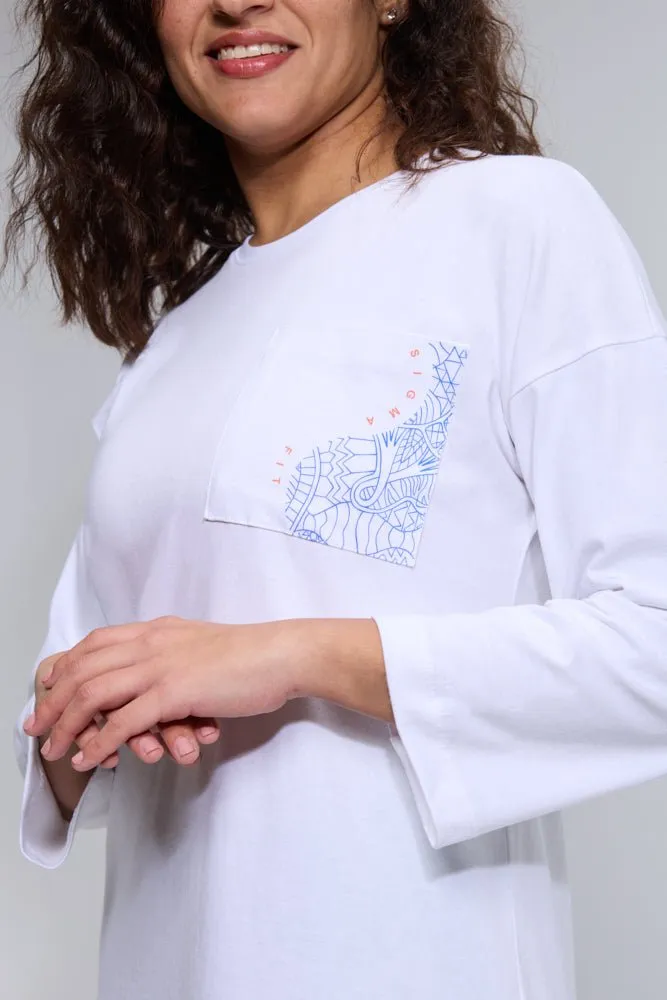 White Abstract Oversized LS Tee