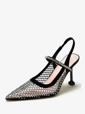 Women's Slingback Heels Mesh Black Rhinstones Stiletto Heel Pumps Party Shoes